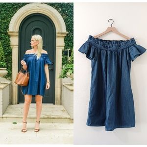 anthropologie corey lynn calter boho ruffled off the shoulder denim mini dress